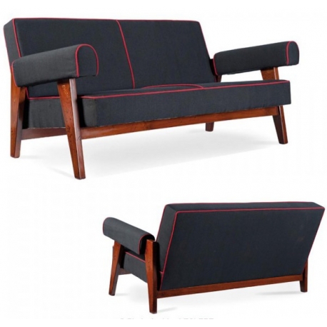 LE CORBUSIER and Pierre JEANNERET. Sofa in solid teak and cotton cloth.