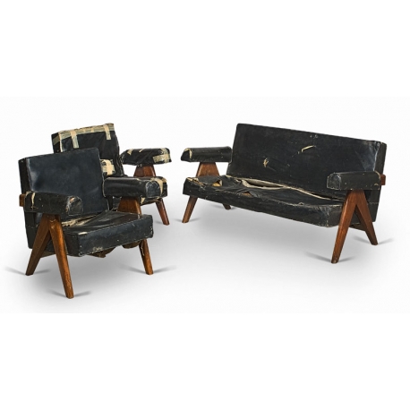 Pierre JEANNERET. Mobilier de salon dit "Upholstored sofa easy chair" en teck massif et moleskine. 