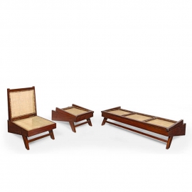 Pierre JEANNERET. Lounge furniture set in solid teak and braided canework.