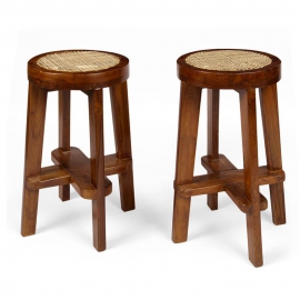 Pierre JEANNERET. Round high stool in solid teak and braided canework. 