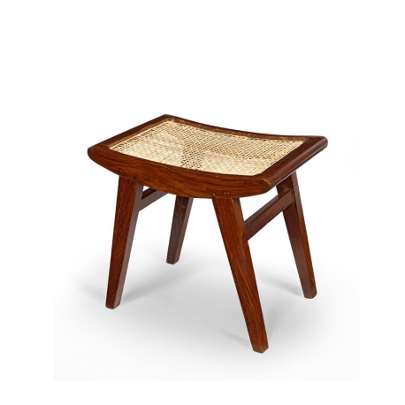 Pierre JEANNERET. Low stool in solid teak and braided canework.