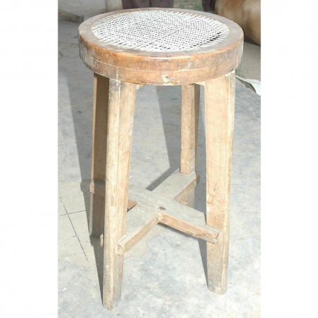 Pierre JEANNERET. Round high stool. In solid teak and braided canework. 